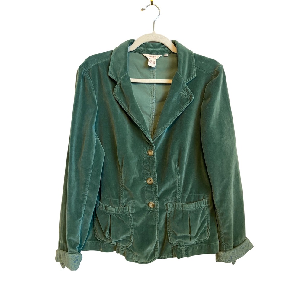 Sundance Womens Green Cotton Velvet Blazer Jacket Back Tie Floral Cuffs Size M